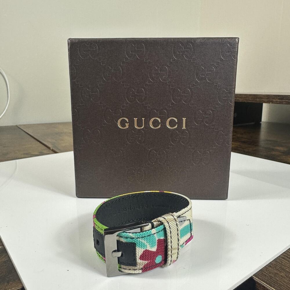 Gucci Multicolor Floral Canvas Leather Cuff Bracelet 8in Buckle Made In Italy